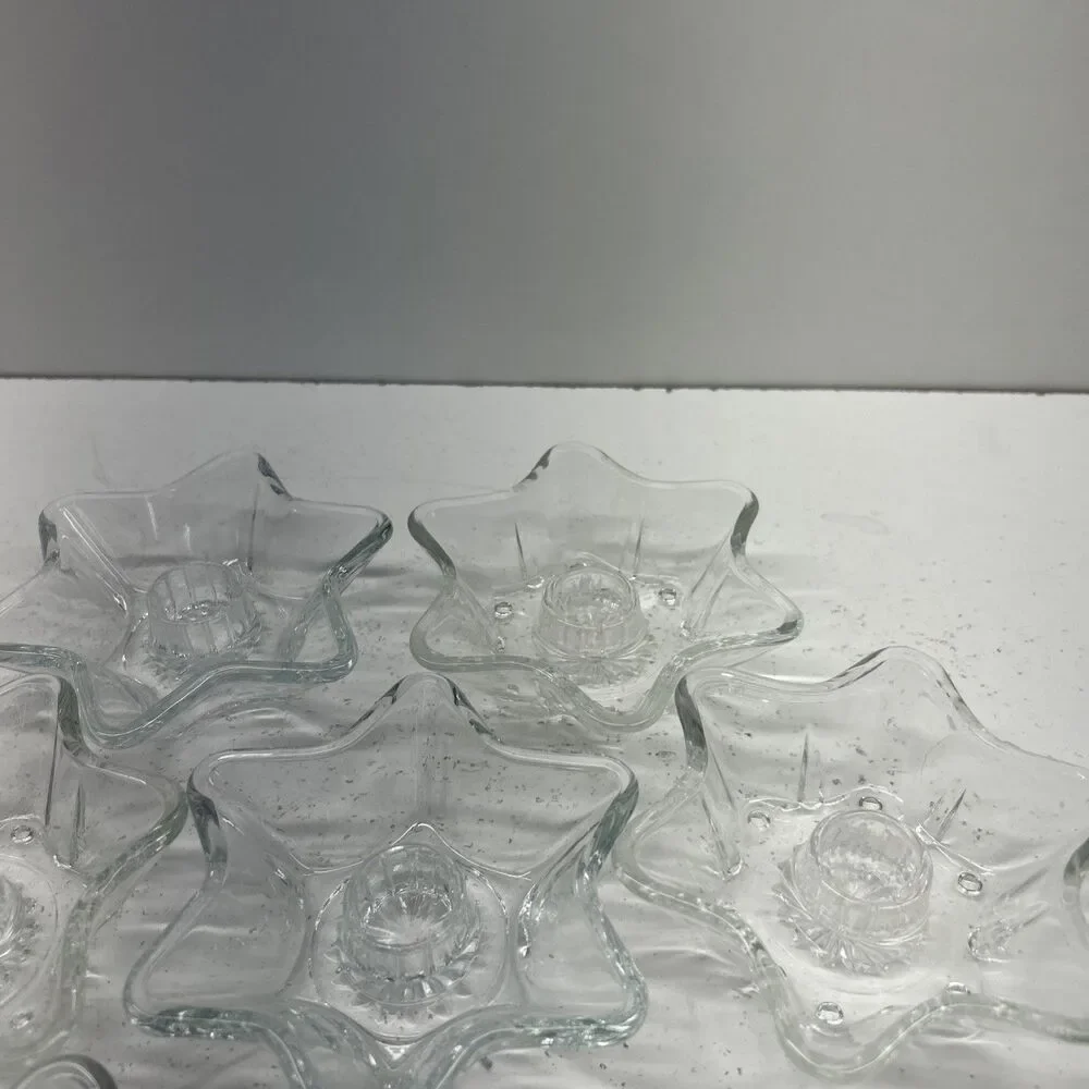 Set of‎ 7 Vintage Anchor Hocking 6 Point Shape Clear Glass Candlestick Holders
